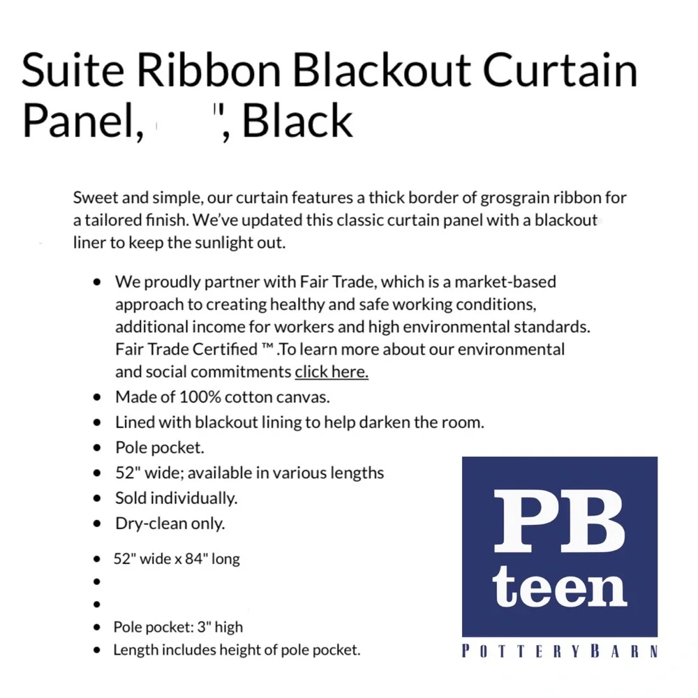Pottery Barn Teen Suite Ribbon Blackout Curtain